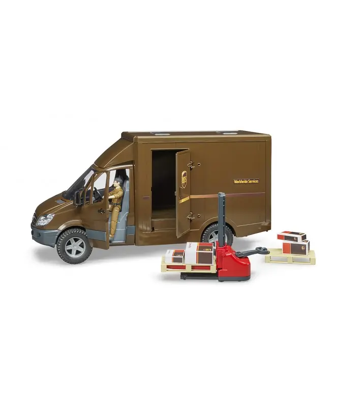 Super okazja Mercedes Benz Sprinter kurier UPS z figurką kierowcy i podnośnikiem 02538 Bruder